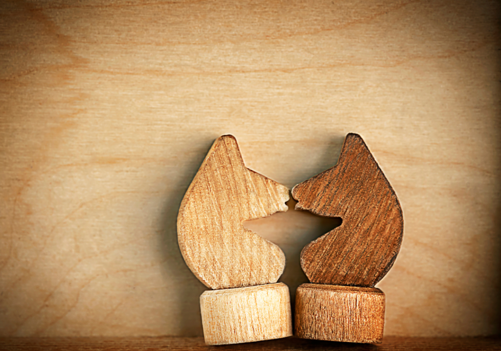 Two wooden horse chess pieces facing each other