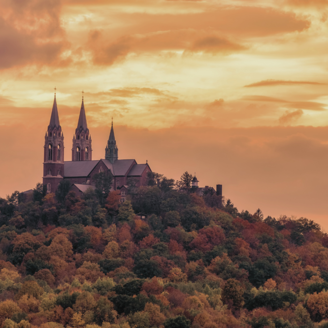 Holy Hill in Wisconsin at Sunrise with Autumn Leaves